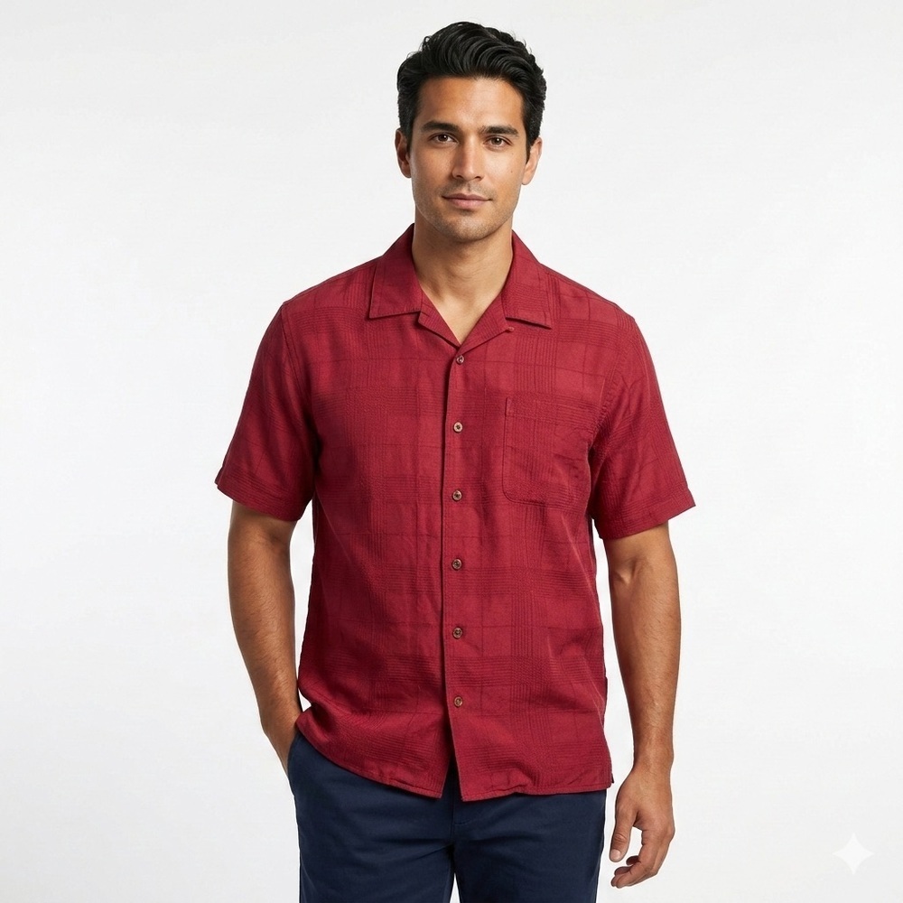 Vintage Silk Mens Camp Collar Resort Shirt Silk Textured Jacquard Red XL